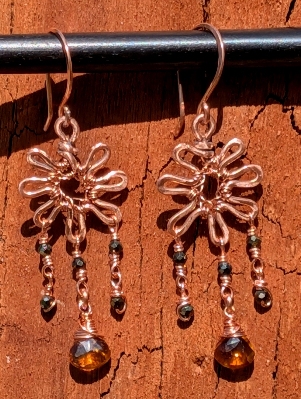 Copper Sunburst Earrings-Cognac Citrine Gems- Artisan Crafted Design-Summer Vibe - Picture 4 of 12